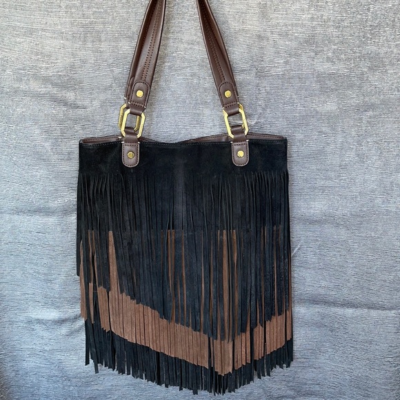 Ella Moss M/L Fringed Suede Leather Tote/handbag Black boho bag - Picture 2 of 16